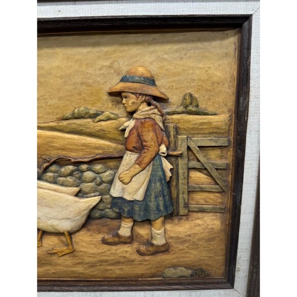 Vintage Framed Relief Carving Of Farmer & Geese In Countryside Scene rectangle - Picture 4 of 9